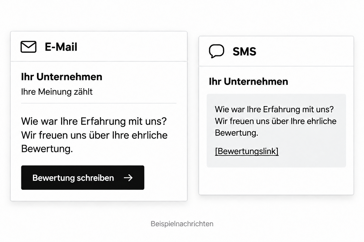 Beispielnachrichten per E-Mail und SMS vom Absender Ihr Unternehmen: Wie war Ihre Erfahrung mit uns? Wir freuen uns über Ihre ehrliche Bewertung. Die E-Mail enthält den Button Bewertung schreiben, die SMS einen Bewertungslink.