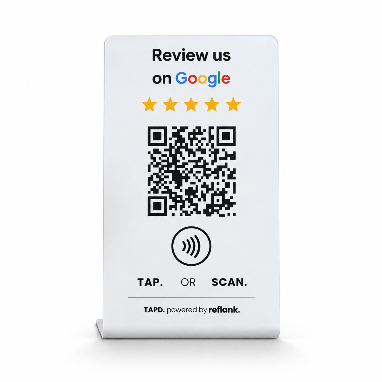 Frontale 3D-Ansicht des TAPD. Stands mit Fuss, QR-Code und NFC-Symbol.